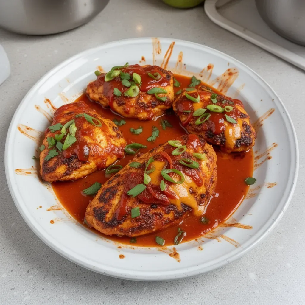 Spicy Chicken Diablo dish with vibrant sauces and garnishes