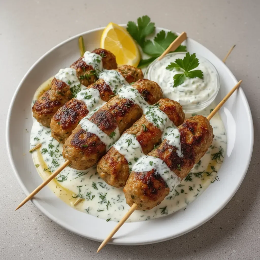 Plate of Chicken Kofta served with garlic yogurt sauce