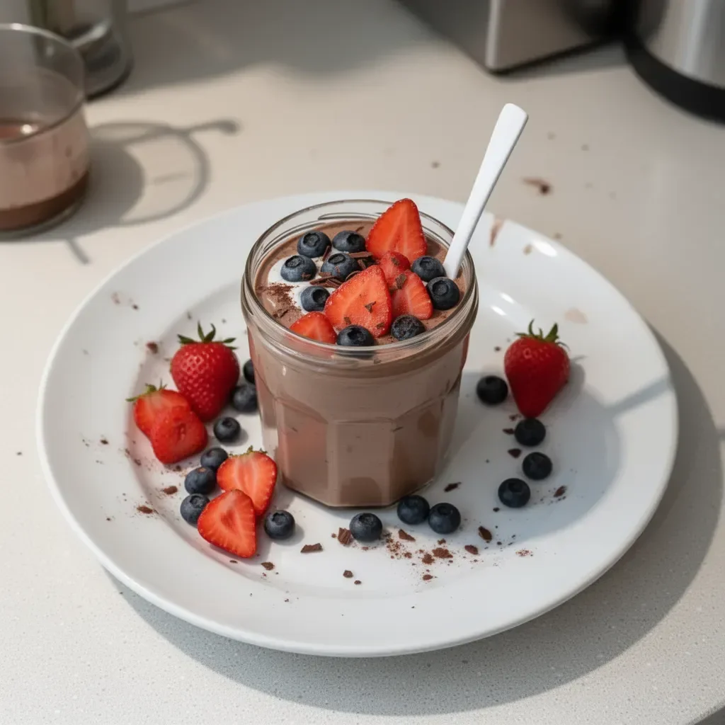 Delicious chocolate protein pudding in a bowl, topped with fresh berries.