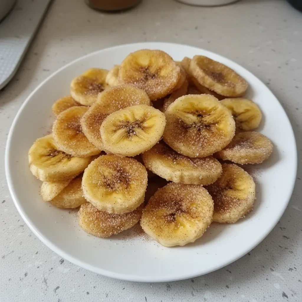 Cinnamon-sugar air fryer banana chips served in a bowl
