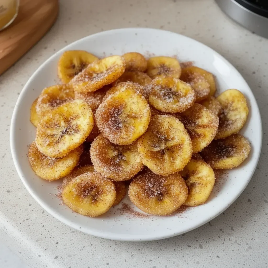 Cinnamon-sugar air fryer banana chips in a bowl, healthy snack alternative