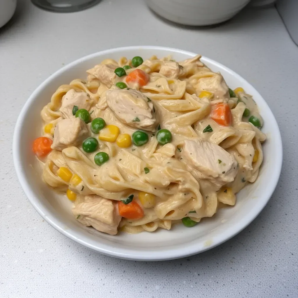 Classic Chicken Pot Pie Pasta dish served in a bowl