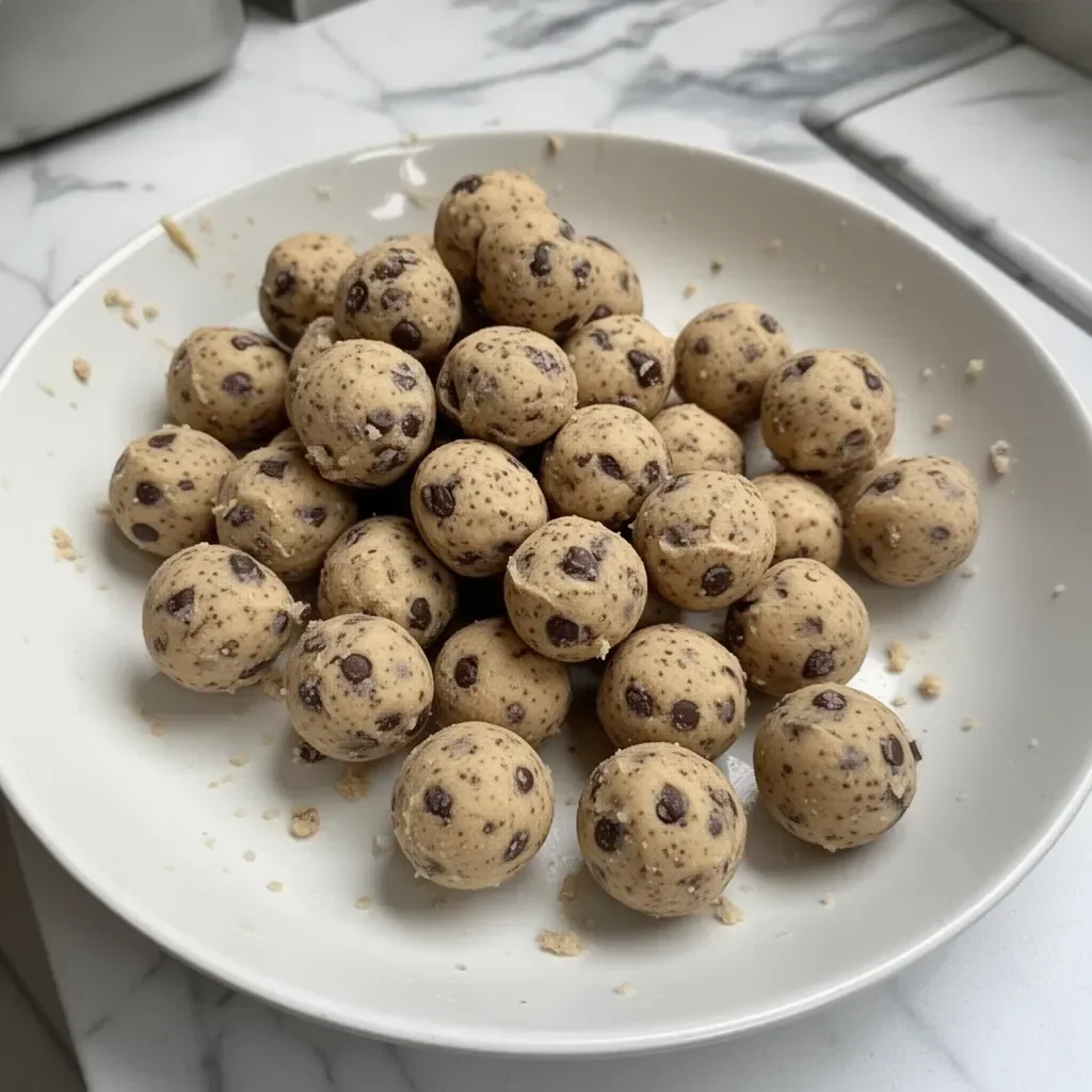Cookie dough protein balls on a wooden table with chocolate chips and oats.
