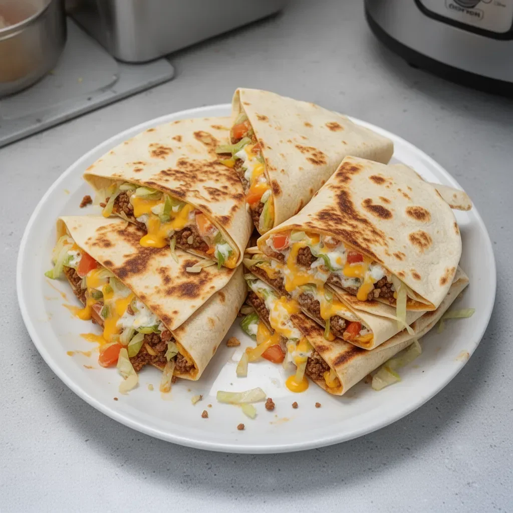 Homemade Copycat Crunchwrap Supreme featuring layers of tortillas and fillings.
