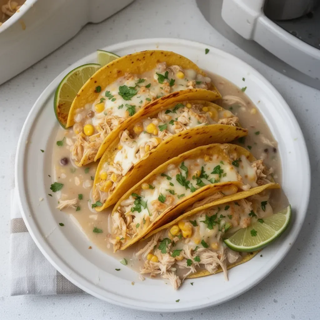 Delicious corn tortilla white chicken chili tacos served on a plate