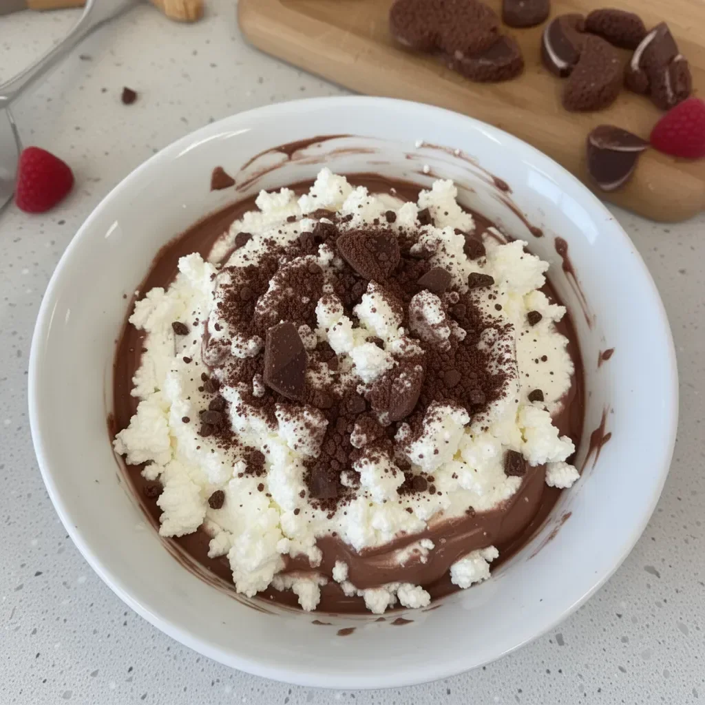 Cottage Cheese Chocolate Mousse dessert served in a bowl