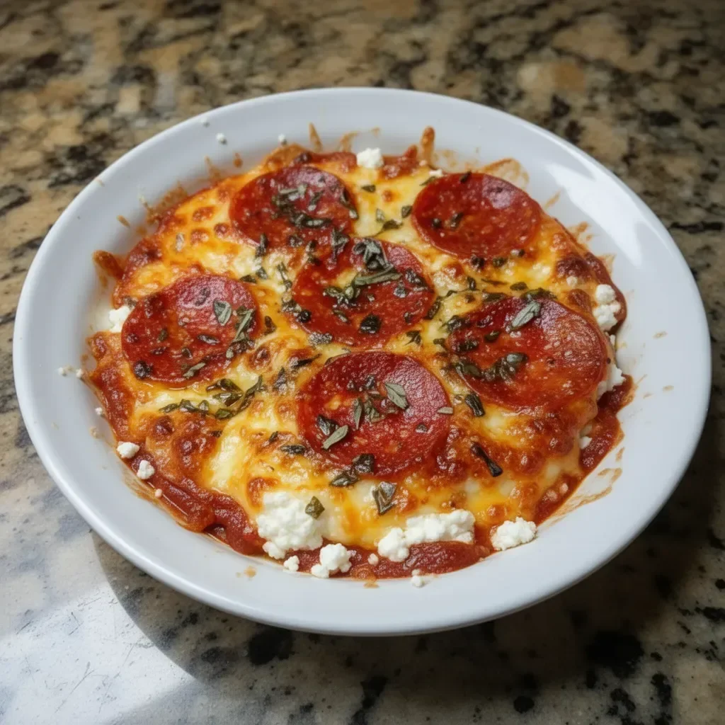 Cottage cheese pizza bowl topped with fresh toppings and cheese