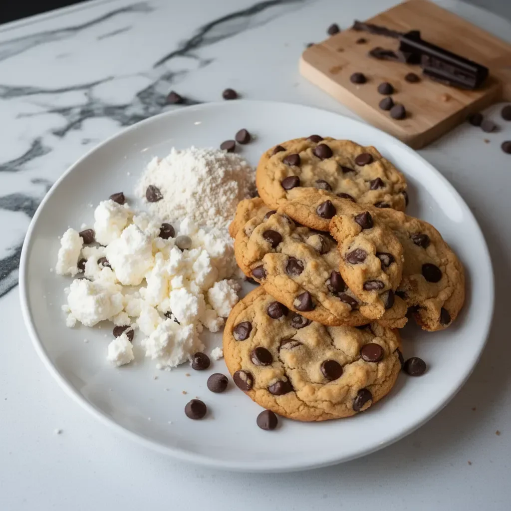 Plate of delicious cottage cheese protein cookies with chocolate chips