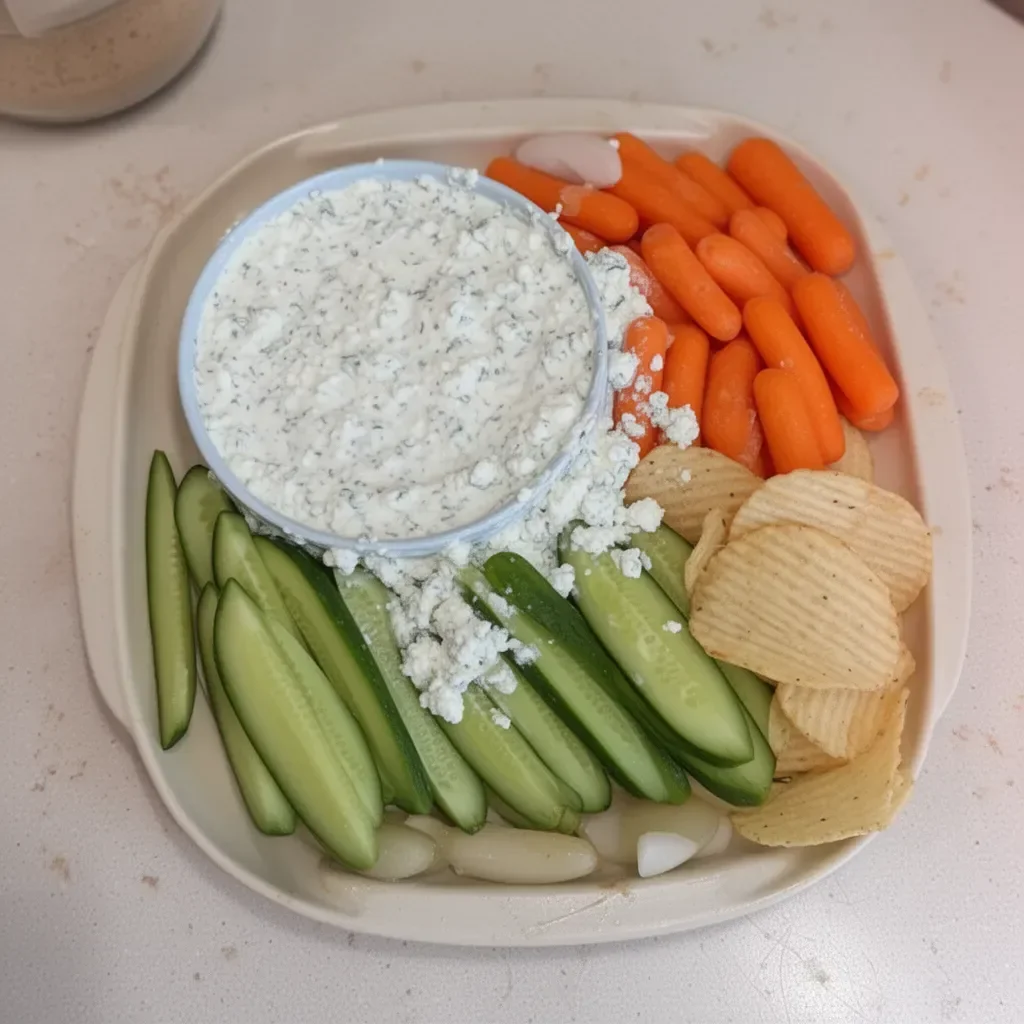 Bowl of Cottage Cheese Ranch Dip served with vegetable sticks