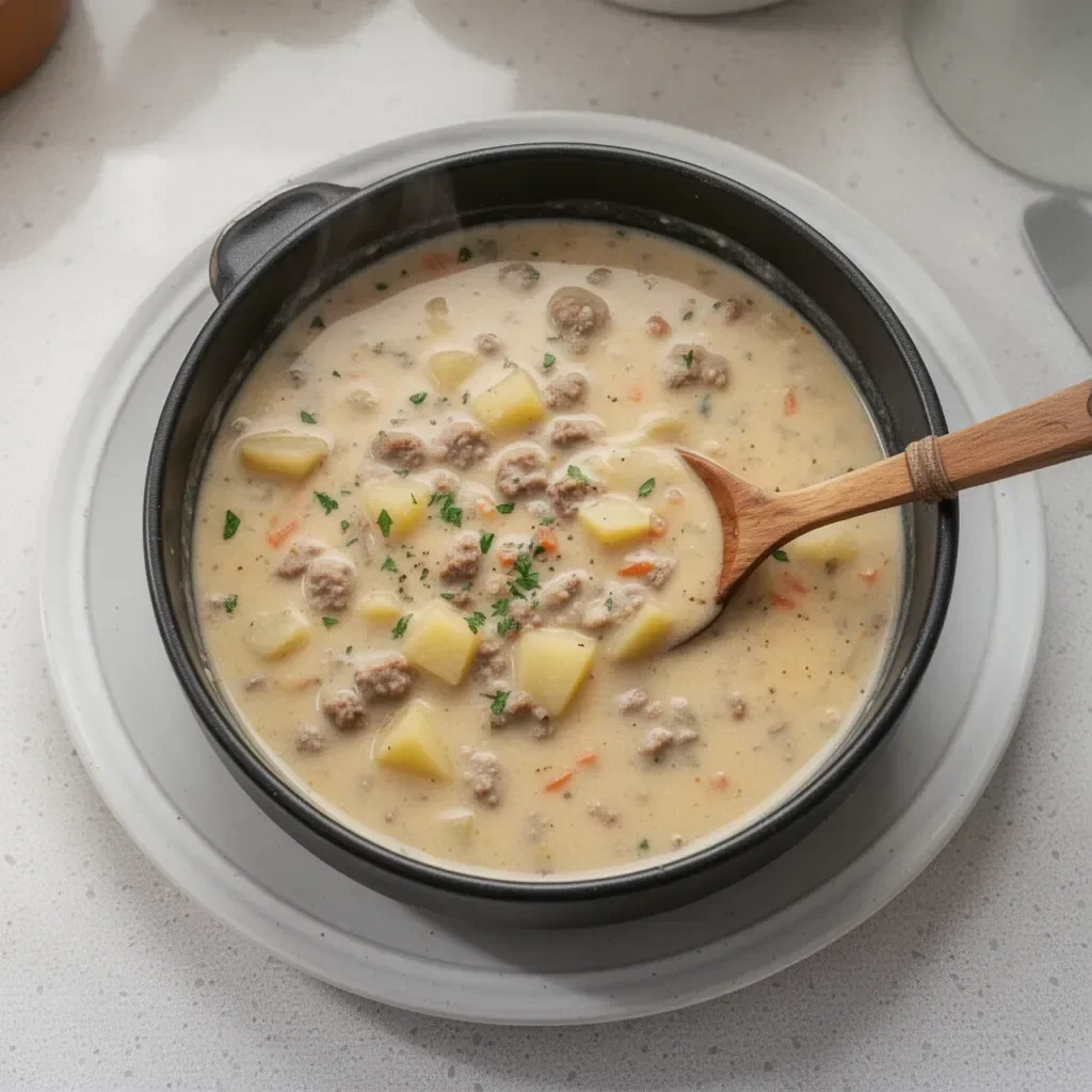 Bowl of cozy sausage potato soup with rustic ingredients and garnishes