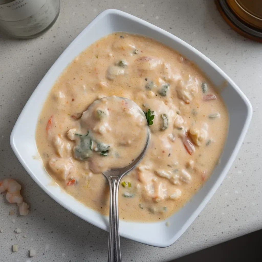 Creamy crab and shrimp seafood bisque served in a bowl with garnishes