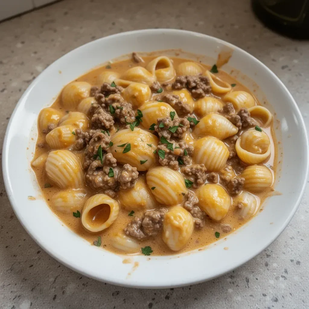 Delicious creamy beef and shells served in a bowl, garnished with herbs.