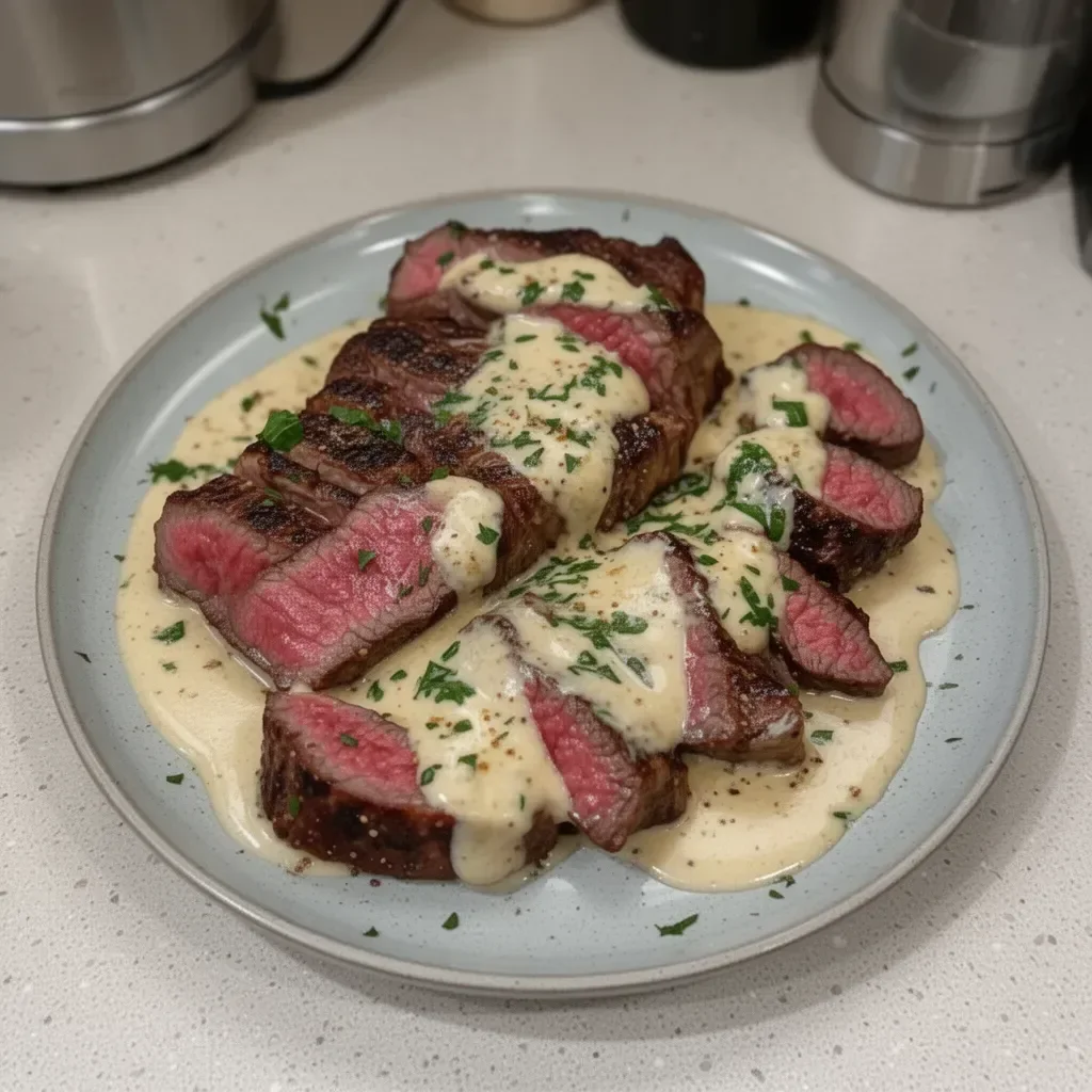 Delicious creamy garlic sauce on a perfectly cooked steak