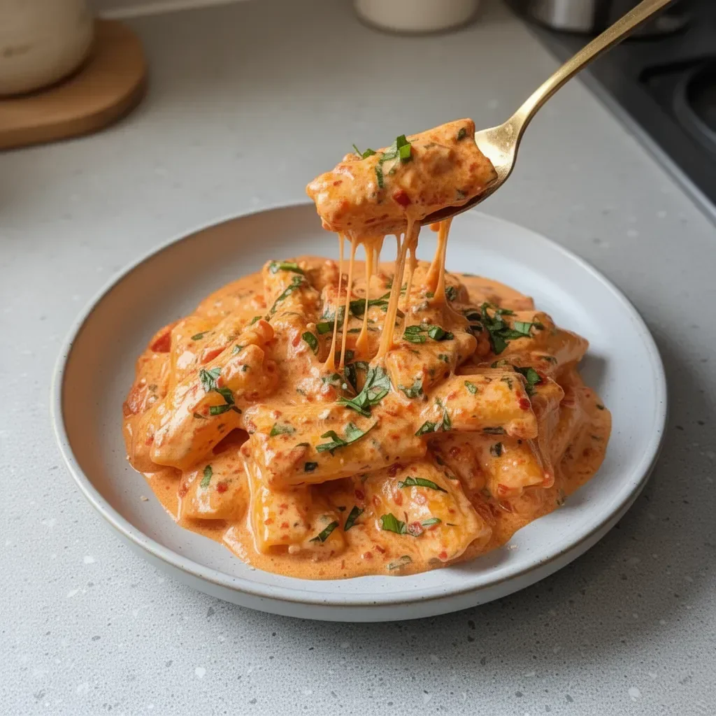 Creamy tomato garlic pasta served in a bowl with fresh herbs
