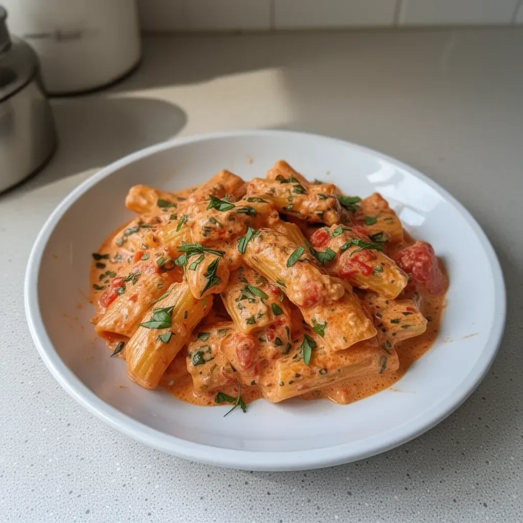 Creamy tomato garlic pasta served in a bowl with fresh herbs.