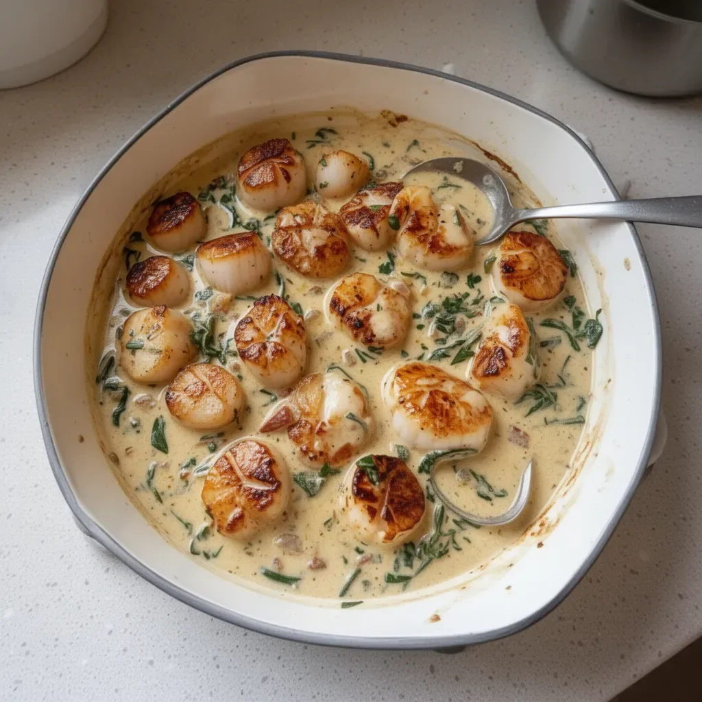 Delicious creamy Tuscan scallops served in a gourmet dish