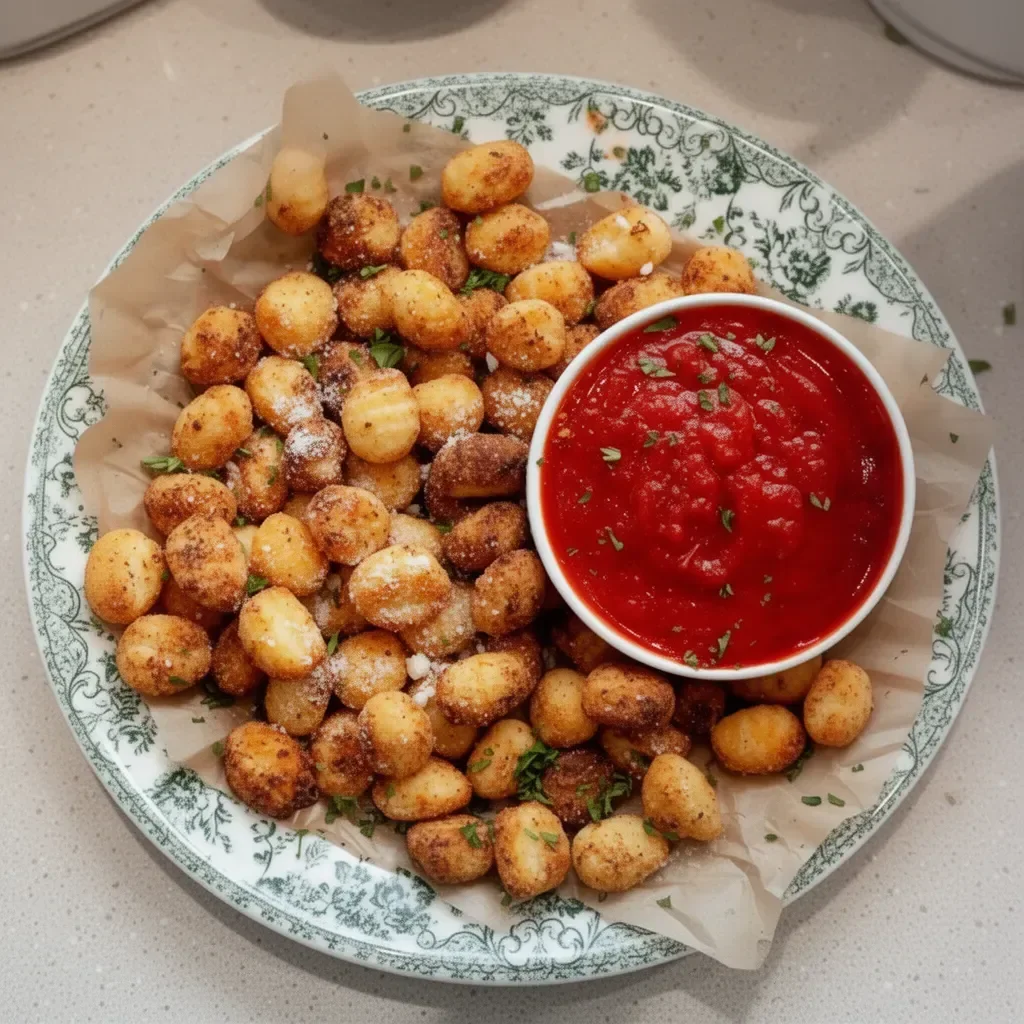 Crispy air fryer gnocchi served in a bowl with herbs and seasoning.