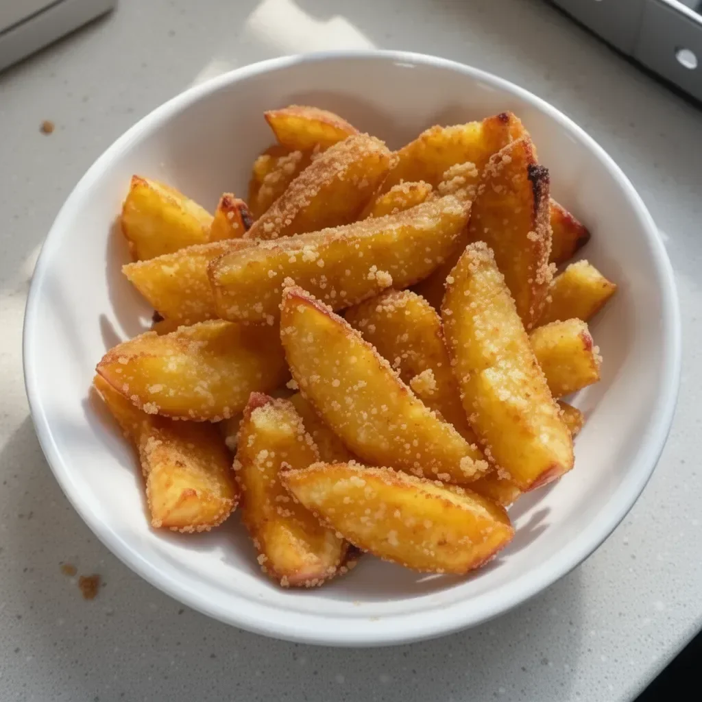 Crispy air fryer apple fries served with caramel dipping sauce