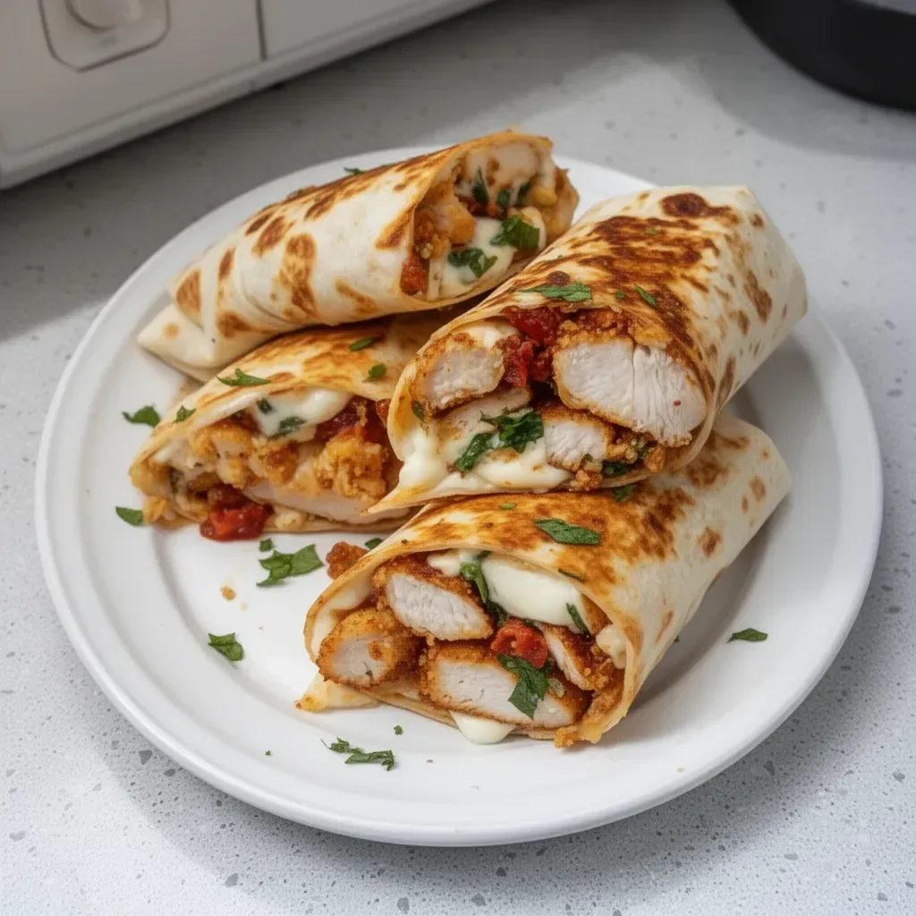 Crispy air fryer chicken and mozzarella wraps served on a plate