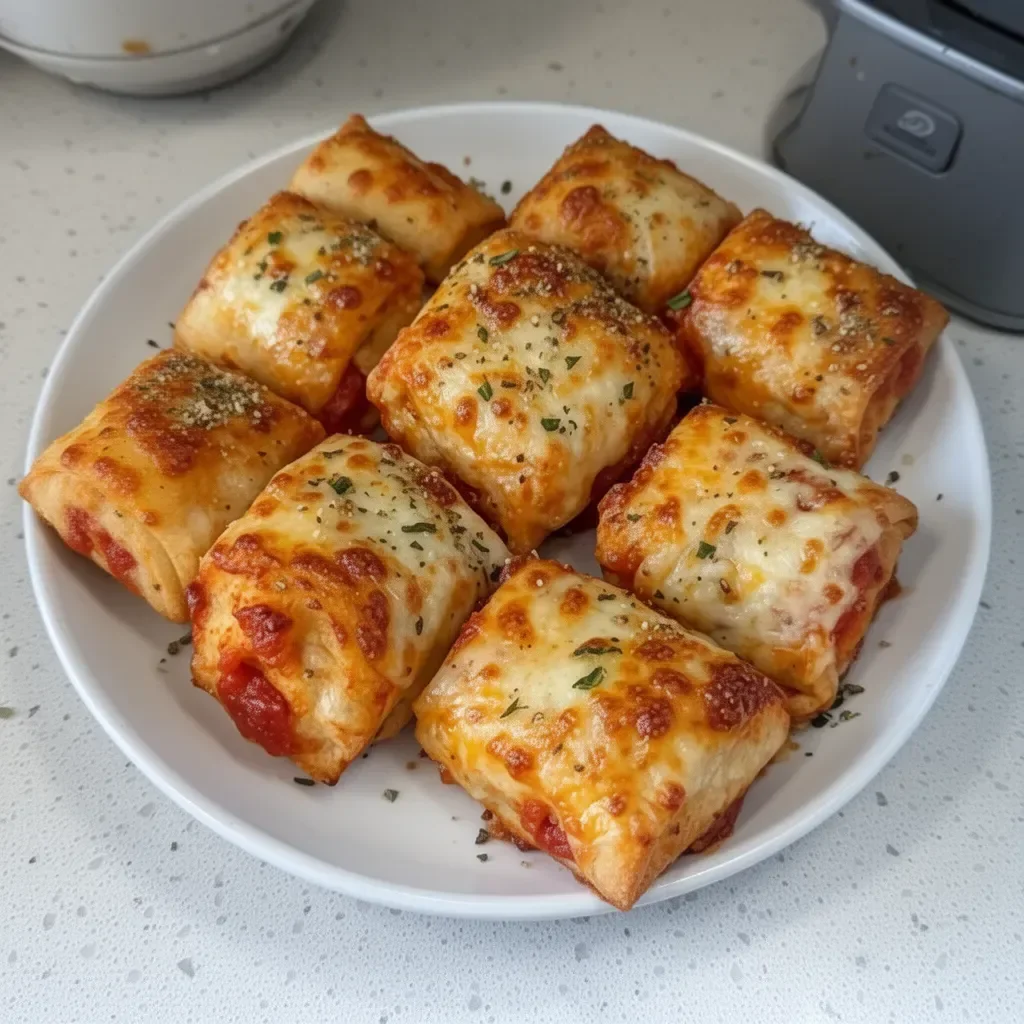 Delicious crispy air fryer pizza rolls ready to serve