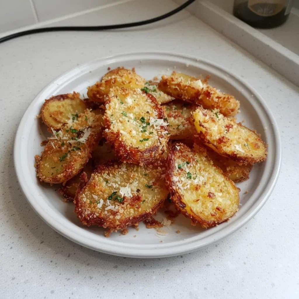 Crispy crunchy Parmesan potatoes served on a plate.