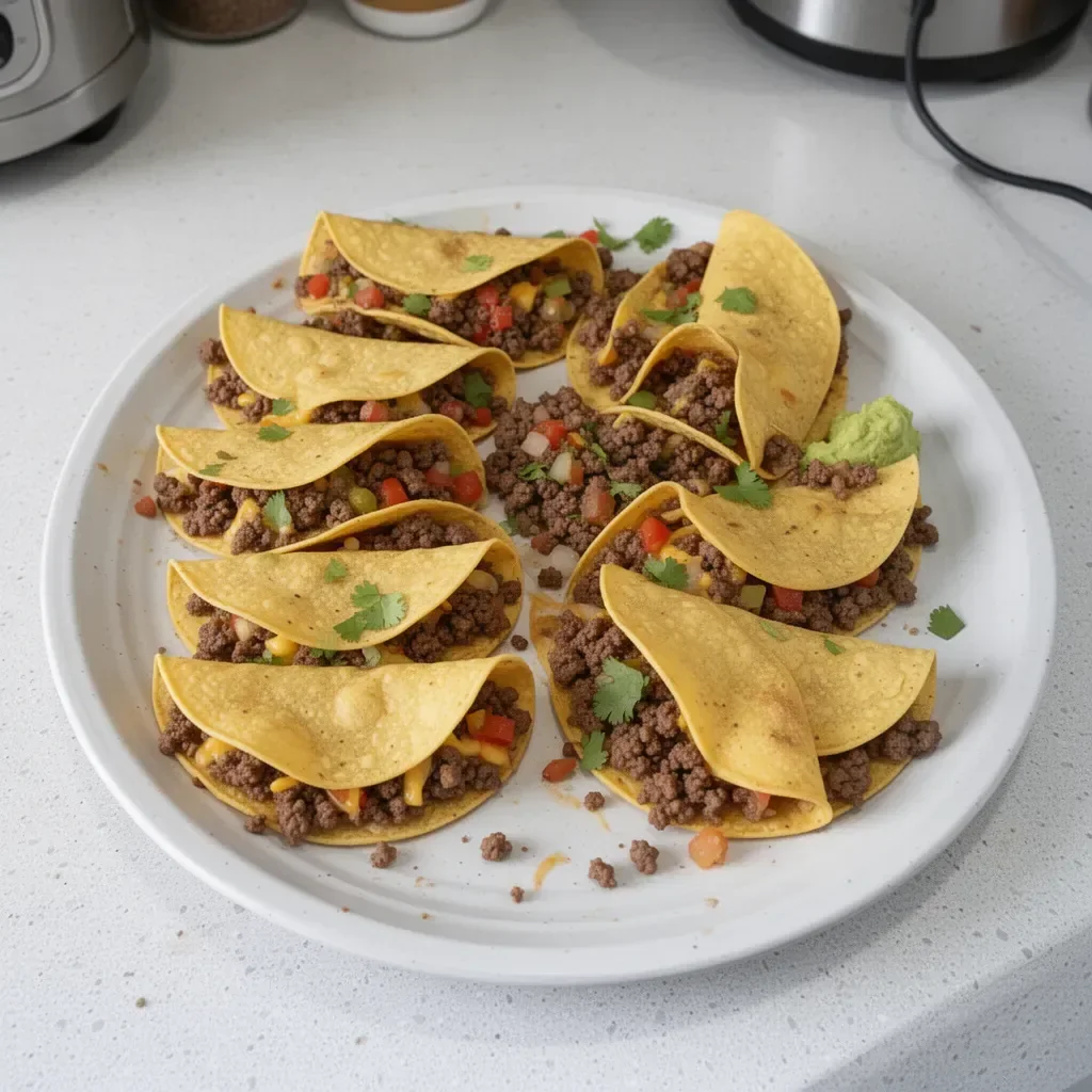 Delicious crispy ground beef tacos plated with fresh toppings