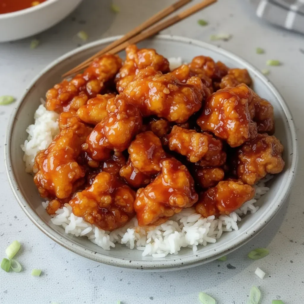 Crispy orange chicken served with vibrant sauce and garnishes