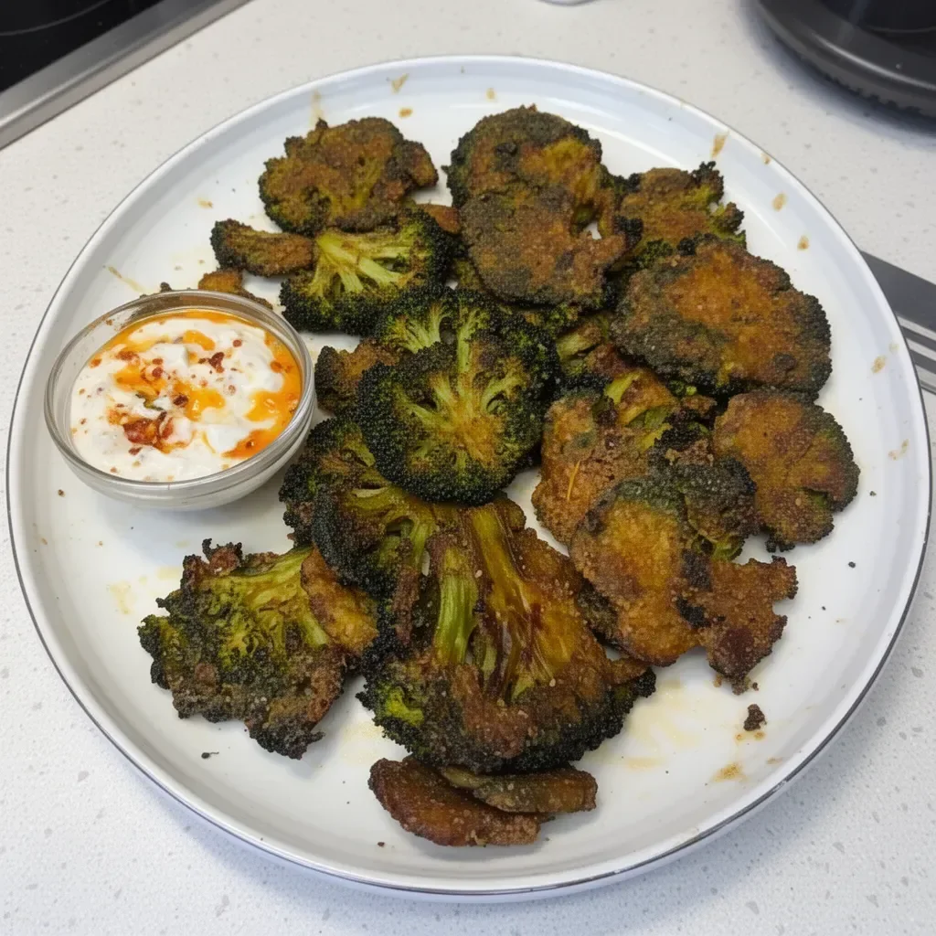 Crispy smashed broccoli chips on a plate, healthy snack option.