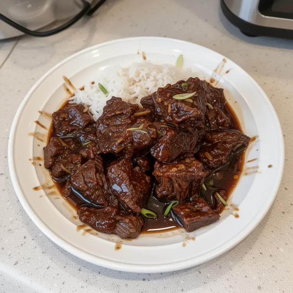 Delicious Crock Pot Beef Teriyaki served with vegetables and rice