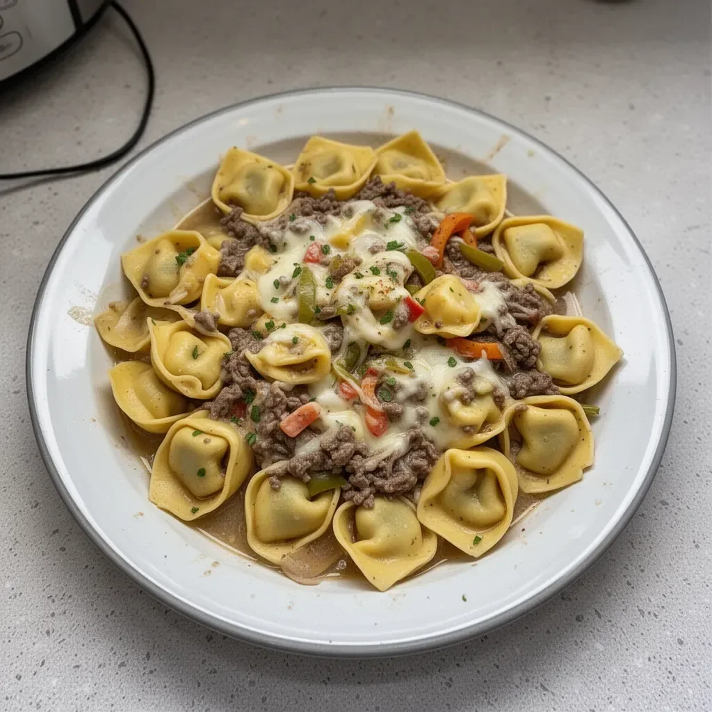 A bowl of Crock Pot Cheesesteak Tortellini garnished with herbs