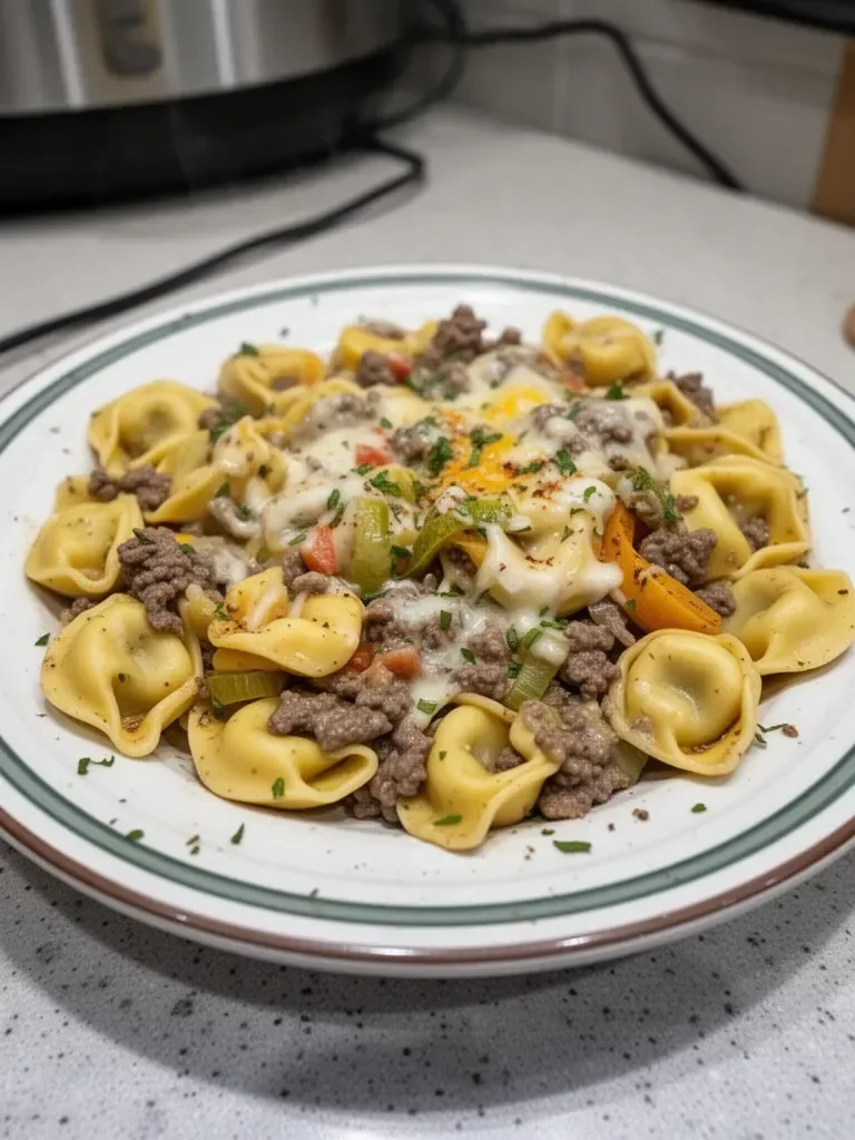 Crock Pot Cheesesteak Tortellini