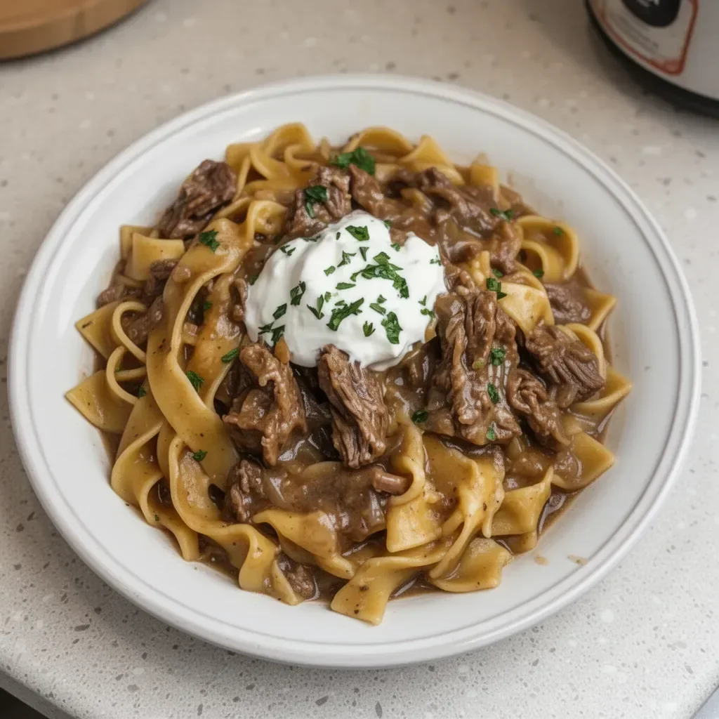 Crock Pot French Onion Beef and Noodles in a bowl with herbs