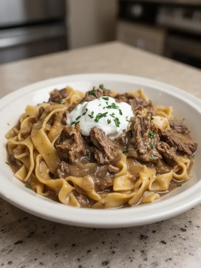 Crock Pot French Onion Beef and Noodles for Cozy Nights
