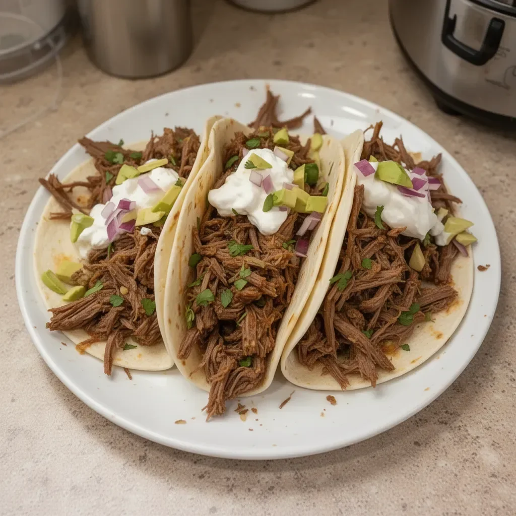 Delicious Crock Pot Mexican shredded beef tacos served with fresh toppings