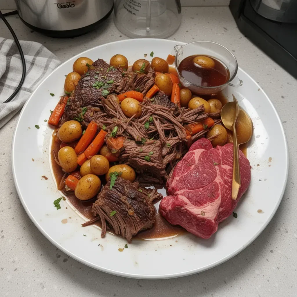 Delicious Crock Pot pot roast served with vegetables and gravy