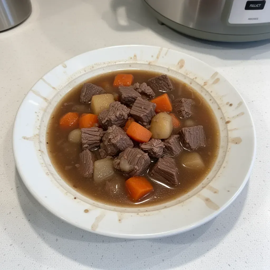 Delicious crockpot beef stew in a bowl with vegetables and herbs