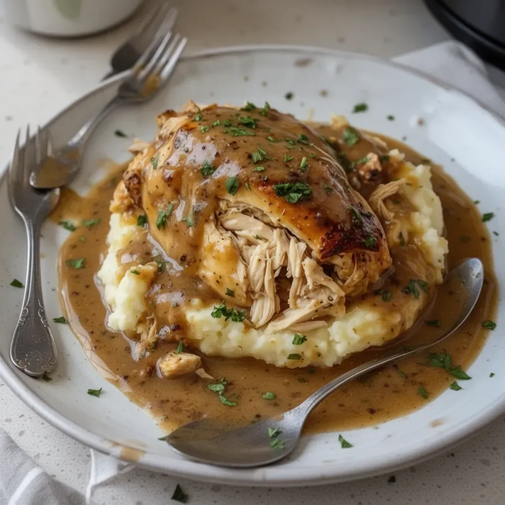 Crockpot chicken with rich gravy served on a plate