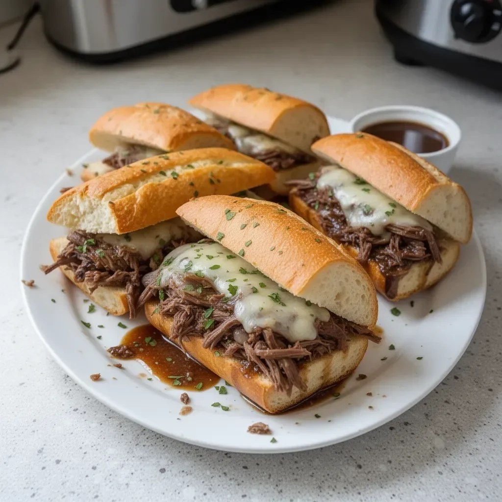 Crockpot French Dip Sandwiches served with dipping sauce