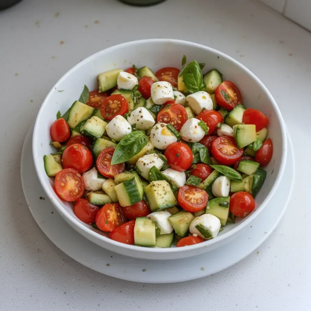 Fresh Cucumber Mozzarella Salad with herbs and dressing