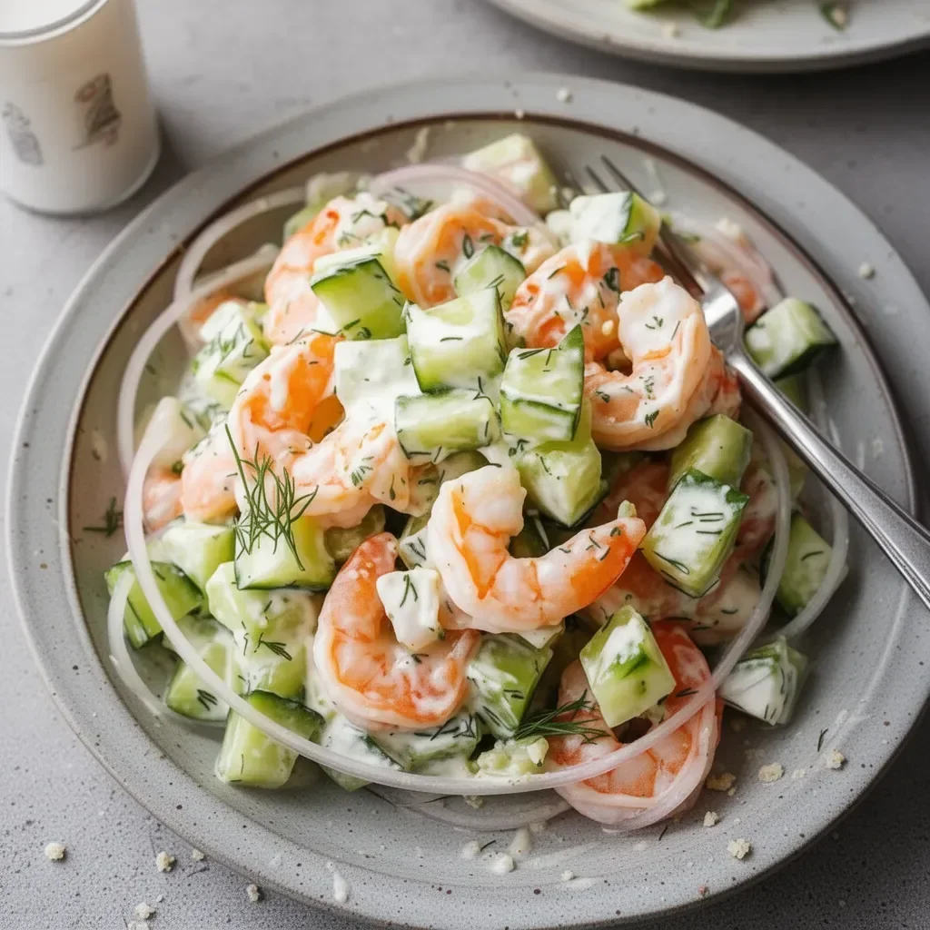 Cucumber Shrimp Salad with fresh vegetables and shrimp on a plate