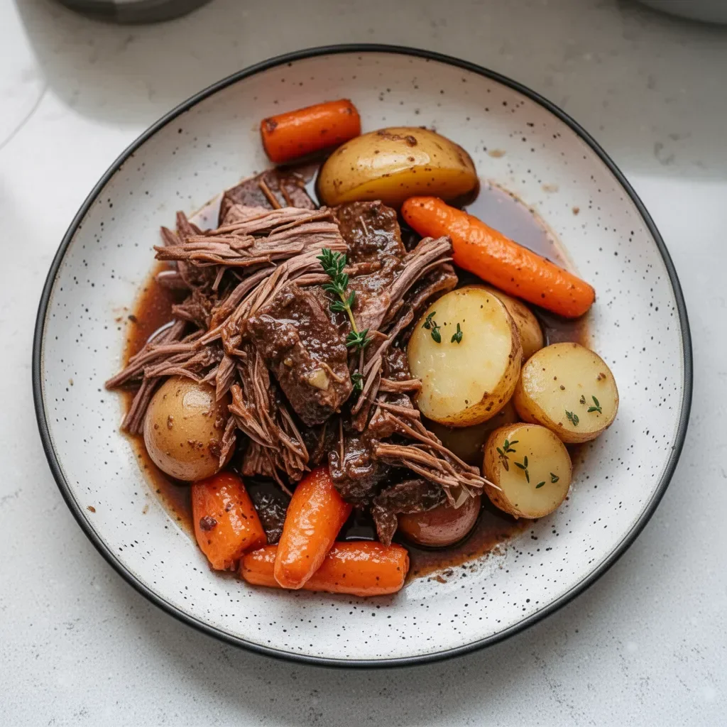 Tender and flavorful slow cooker roast beef served with vegetables