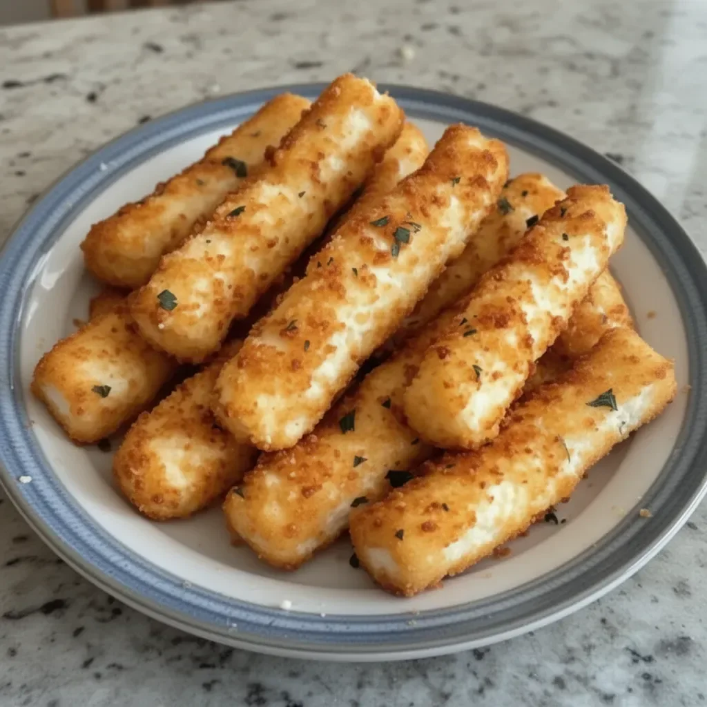 Plate of delicious cottage cheese sticks served with a dipping sauce