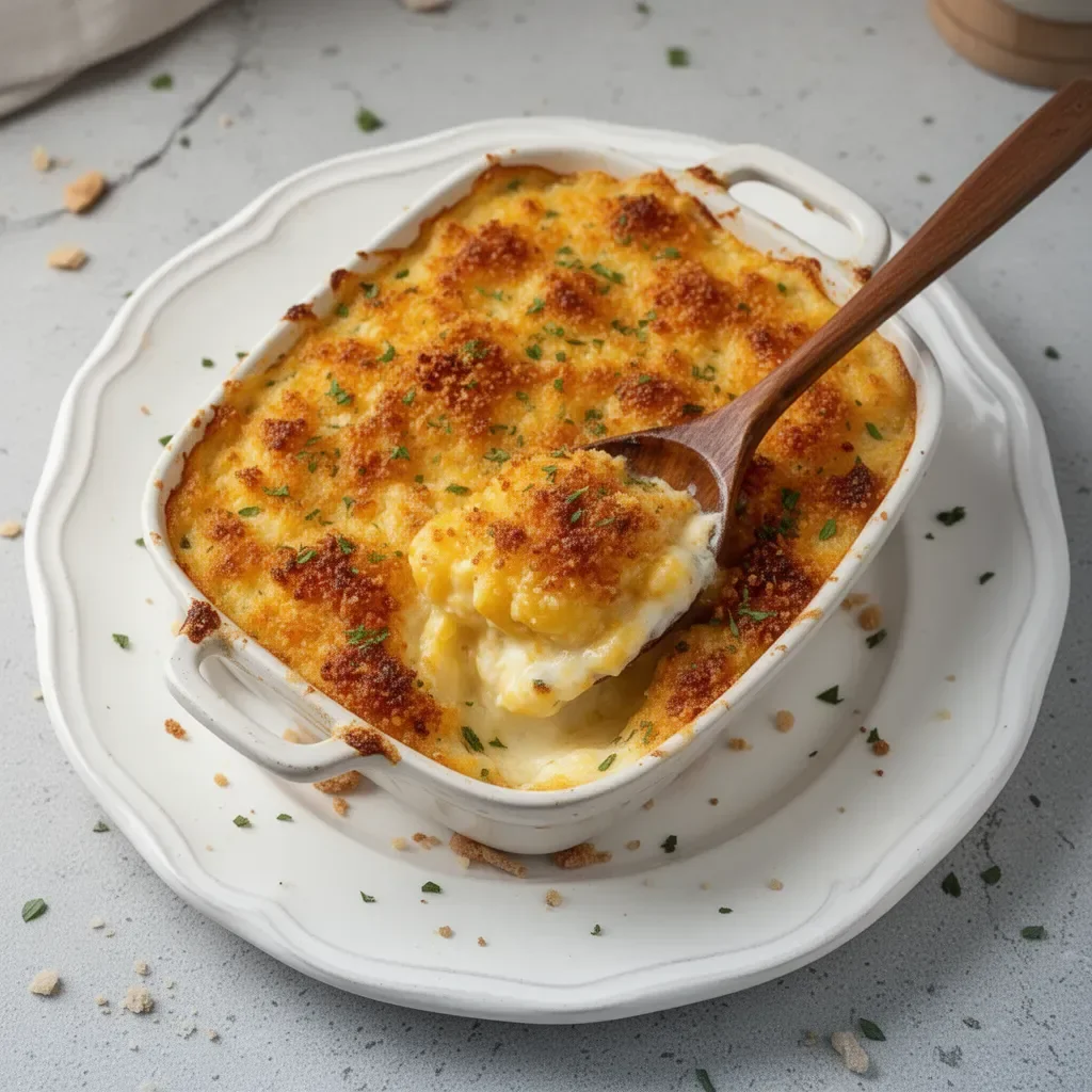 Dolly Parton's 5-ingredient casserole ready to serve in a baking dish