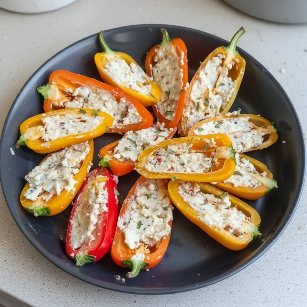 Easy cheese and everything bagel stuffed mini peppers on a serving platter.