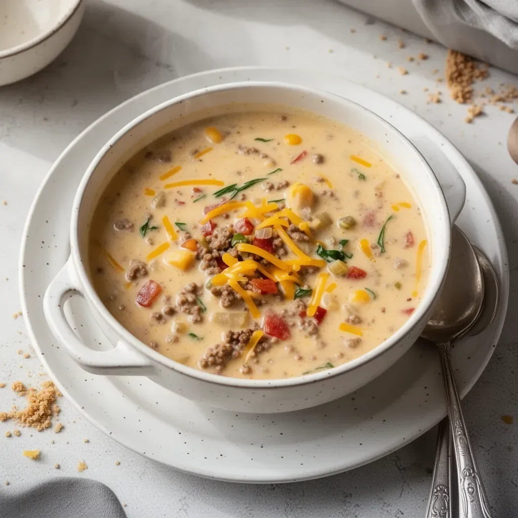 Bowl of easy cheeseburger soup topped with cheese and fresh herbs