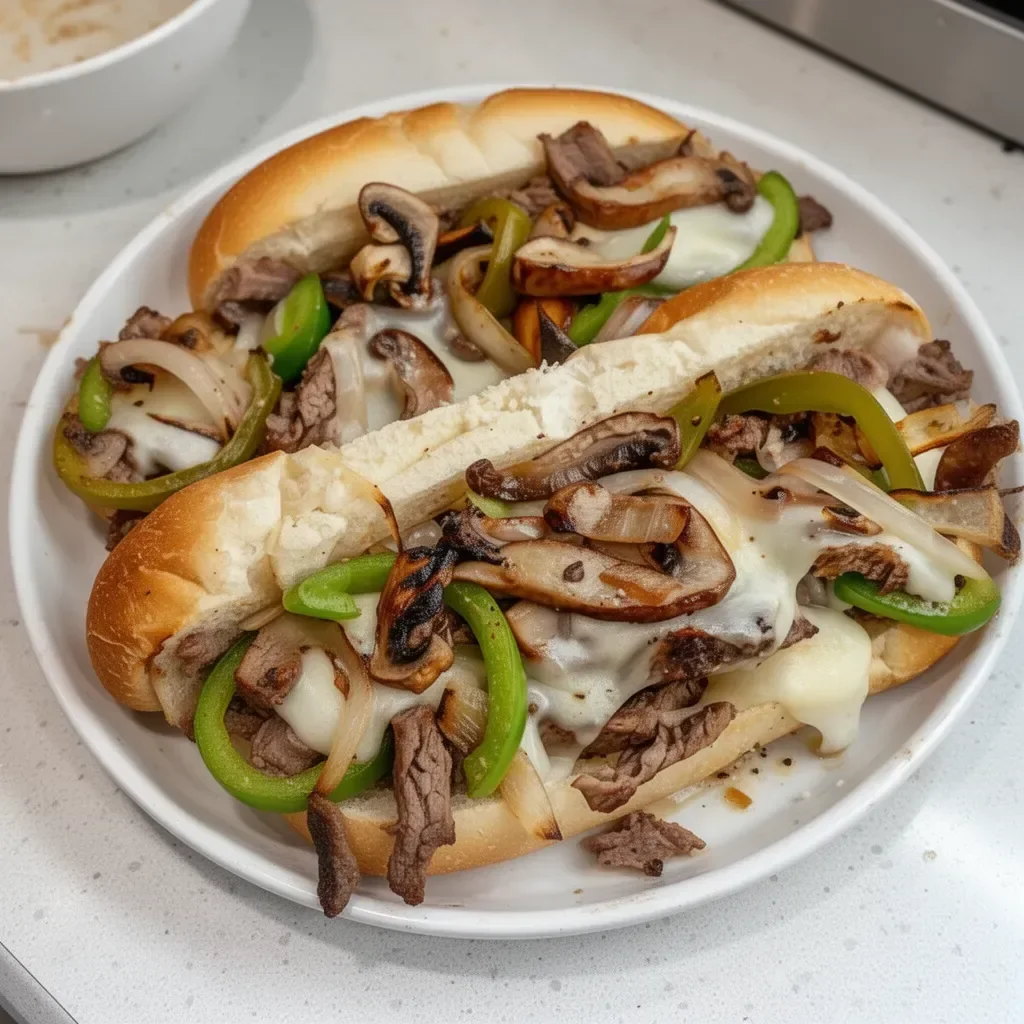 Delicious homemade Philly Cheesesteak sandwich with cheese and steak
