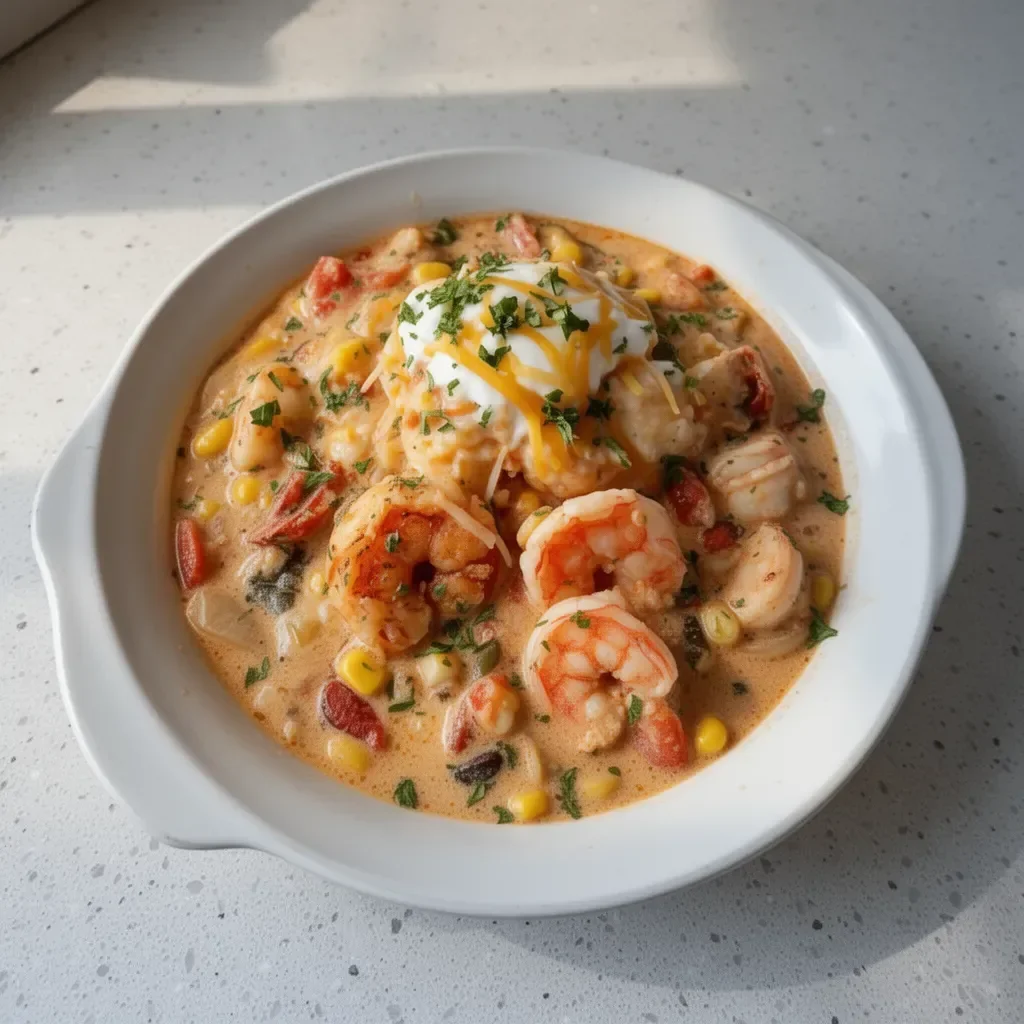 A bowl of creamy seafood chili with shrimp, topped with fresh herbs.
