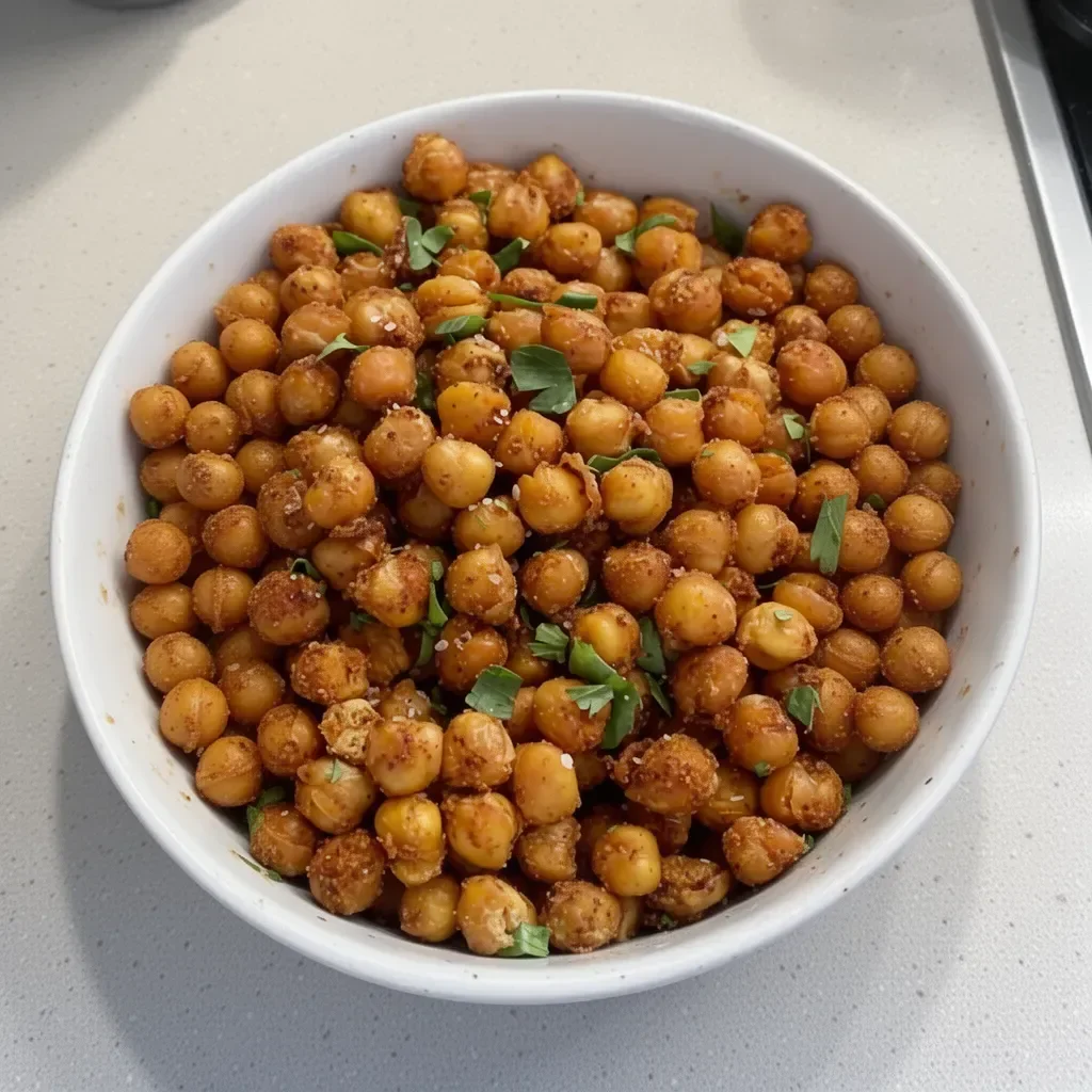 Bowl of crispy oven roasted chickpeas seasoned with spices