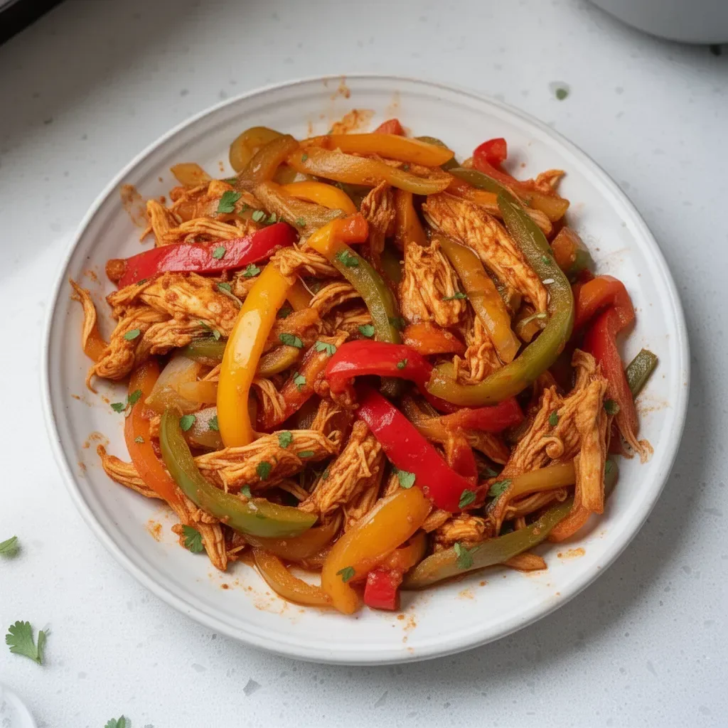 Bowl of easy crockpot chicken fajitas with colorful bell peppers and spices