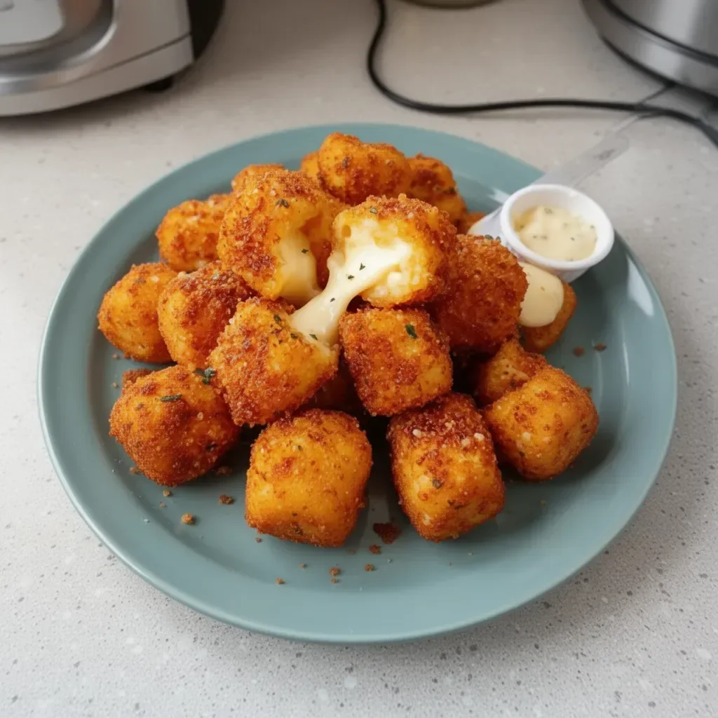 Plate of easy fried cheese bites served with dipping sauce